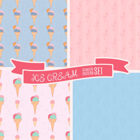 Set of hand drawn ice cream vintage pattern. Cute cartoon retro background in pastel colors for your design. Vector illustration.のイラスト素材