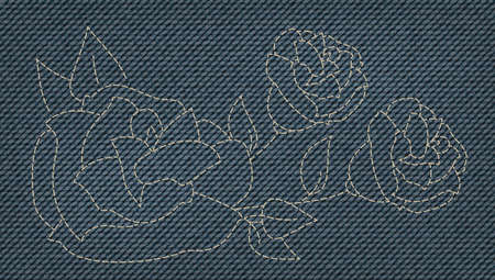 a cool rose fancywork made on blue denim jeans texture. fashion vintage texture fancywork. realistic jeans and retro material. Vector Patch, Fragments.のイラスト素材