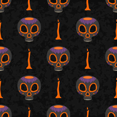 Dia de Muertos. Illustration of traditional Mexican skull with lots of ornaments and candles to the Day of The Dead. Colorful in orange and purple. contour. Seamless pattern. Vector Illustrationのイラスト素材