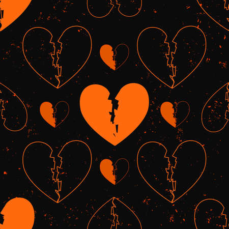 seamless pattern of broken hearts painted on grunge cement wall background with flame sparks. A love concept of bstract heart shapes with filled path , in different sizes and unfilled outlines.のイラスト素材