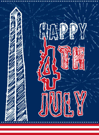 Vintage card design for fourth of July Independence Day USA. Designed in traditional american flag colors, with Washigton Monument and typical american type. Patriotic series, main celebration of USAのイラスト素材
