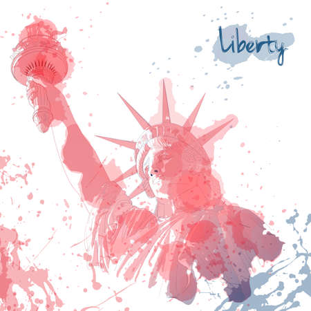 Festive art design for fourth of July Independence Day USA with symbol of America: Statue of Liberty with ink and watercolor elements. Patriotic series, main celebration of USA. Artistic paintingのイラスト素材