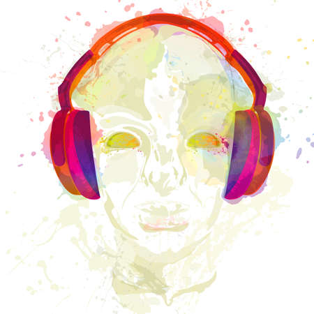 Cover for concept music. An abstract watercolor for man relaxing and listening music with headphones. Realistic art design of object with highlights and shadows. Artistic handdraw illustration.のイラスト素材