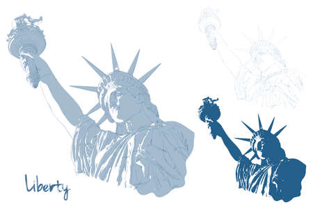Festive card design for fourth of July Independence Day USA with symbols of America: Statue of Liberty with american flag in the front. Patriotic series, main celebration of USA. Artistic paintingのイラスト素材