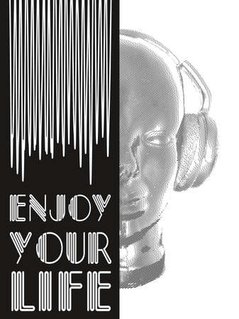 Cover for music concept. Abstract for man relaxing and listening music with headphones. Realistic art design of object with contour varying the width and shape. Artistic outline design.のイラスト素材