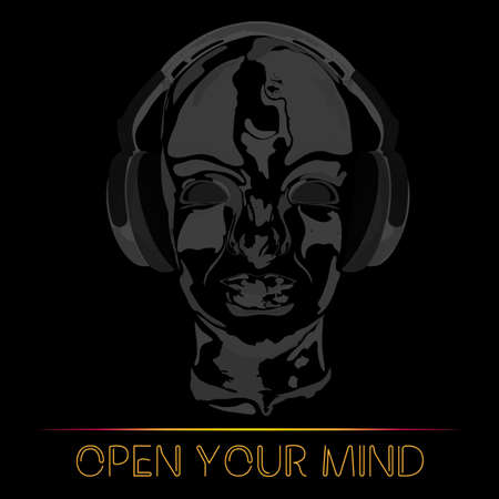 Cover for music concept. An abstract for man relaxing and listening music with headphones. Art hand drawn design of head with contour and shadow shapes. Artistic outline design. Black editionのイラスト素材