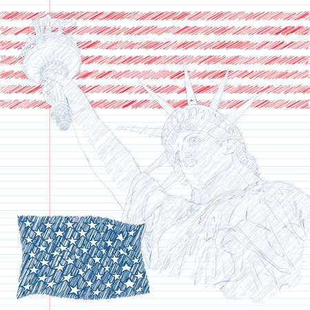 Festive card design for fourth of July Independence Day USA with symbols of America: Statue of Liberty with american flag and firework. Patriotic series, main celebration of USA. Artistic paintingのイラスト素材