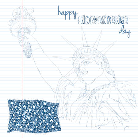 Festive card design for fourth of July Independence Day USA with symbols of America: Statue of Liberty and american flag.. Patriotic series, main celebration of USA. Artistic scribble design.のイラスト素材