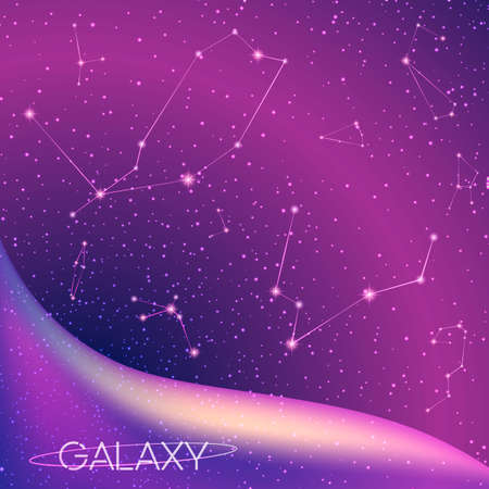 Abstract cosmic galaxy background with star constellations, milky way, stardust, nebula and bright shining stars. Cosmic design of deep night sky. Vector illustration for your design, artworks.のイラスト素材