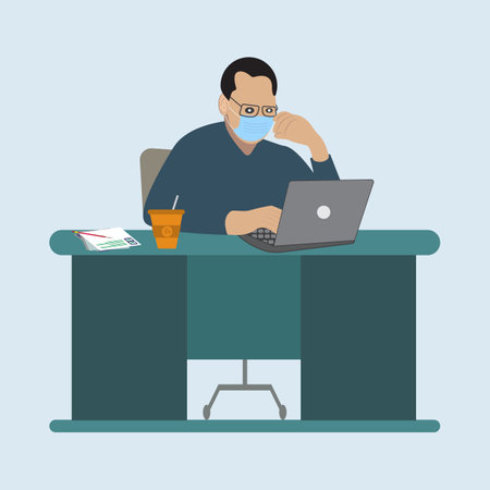 Businessman working at the office. Vector illustration in flat style.のイラスト素材