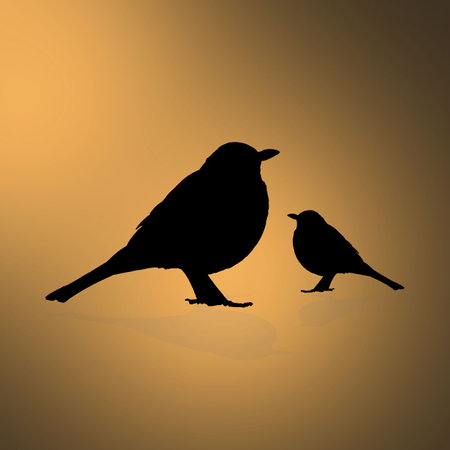 Silhouette of a sparrow and a sparrow on a yellow backgroundのイラスト素材