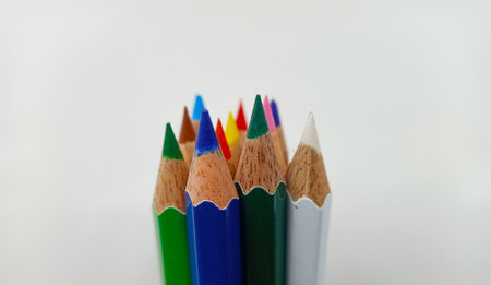 Colorful pencils on a white background. Selective focus.の写真素材