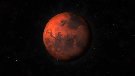 Mars planet 3D render illustration, martian red globe scientific background with stars in the...