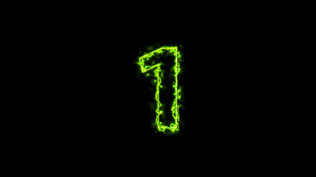 Neon green number 1 isolated on black background. Realistic 3D illustration of number 1の写真素材
