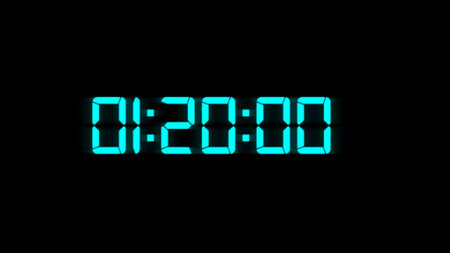 3d render of digital clock in neon light on black background.の写真素材