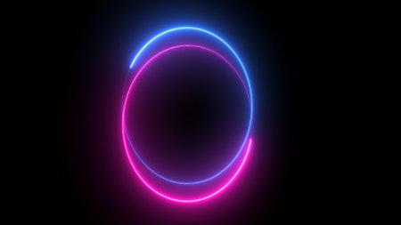 Glowing neon circle with blue and pink lines on a black background.の写真素材