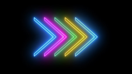 Neon arrows in the dark background. 3d rendering, 3d illustration.の写真素材