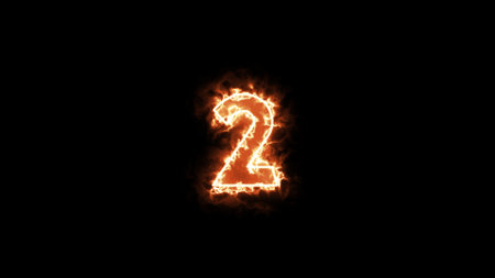 Fire number 2, orange fire font isolated on black background, 3D renderingの写真素材