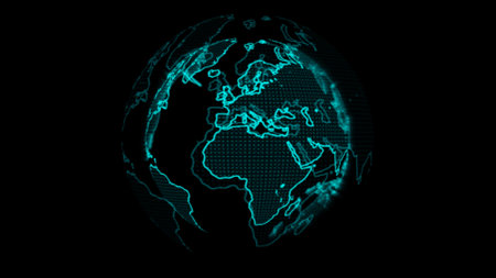 Abstract digital world map on black background. 3D Rendering.の写真素材