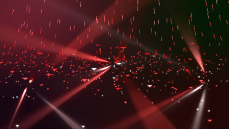 3d render of a red background with flying polyguns and rays of lightの写真素材