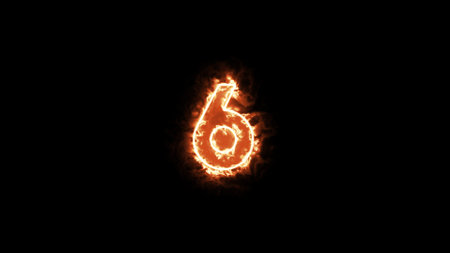 number six in fire and flames isolated on black background, 3d illustrationの写真素材