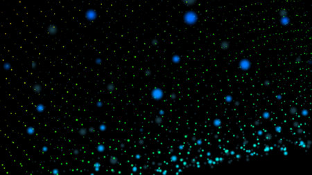 Abstract blue and green dots on a black background.の写真素材