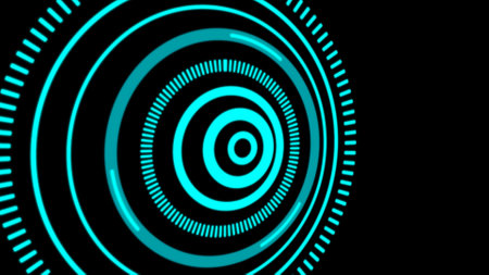 Neon blue circles on black background. 3d rendering, 3d illustration.の写真素材