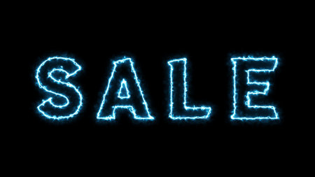 Sale text written with blue neon lights on a black background.の写真素材