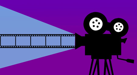 Movie projector with film strip on purple background. Vector Illustration.の写真素材