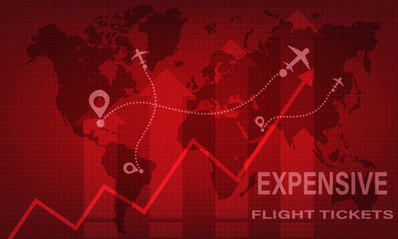 Expensive flight tickets concept background with red graphs and airplanes in the backdropの写真素材