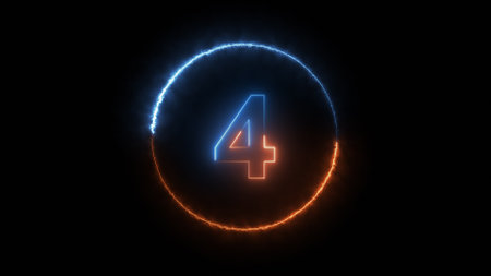 Number 4 in circle with neon lights on black background 3D renderingの写真素材