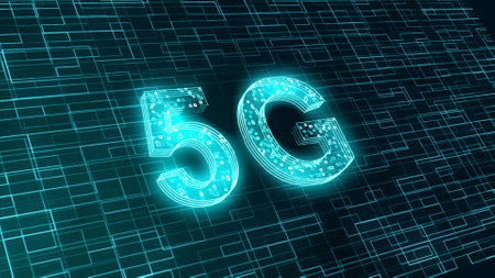 5G network on digital blue background. High speed internet concept. 3D Rendering