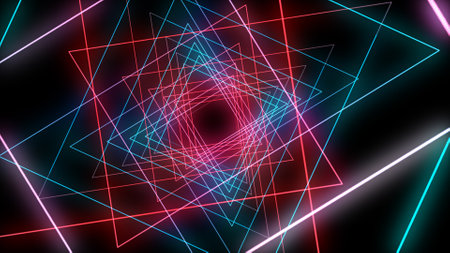 abstract background with neon lines and triangles in the shape of a tunnelの写真素材