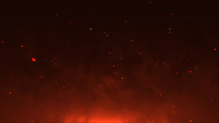 Fire spark particles abstract background. Perfect red fire particles embers sparks on isolated black background .の写真素材