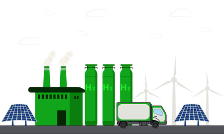 Green Hydrogen Energy Production Plant With Renewable Power Vector Illustrationのイラスト素材