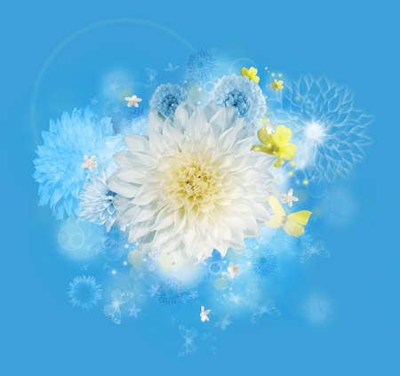 Composition of a graphic bouquet of hovering blossoms in heavenly blue tones and white light flares                               の写真素材