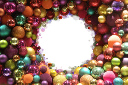 Round frame of colorful, differently textured christmas balls, fading into absolute white                               の写真素材