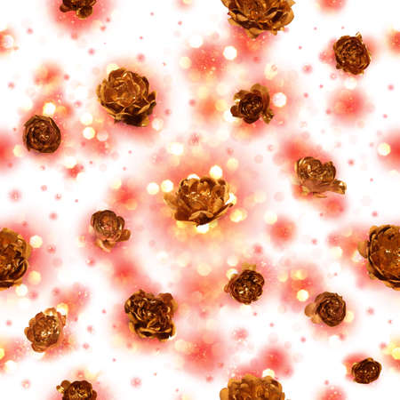 seamless gilded rose buds with golden glitter on red textileの写真素材