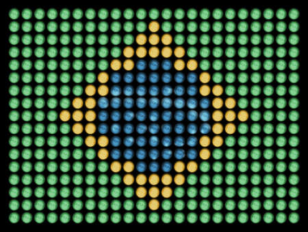 flag of brazil, made of led bulbs, each color  taken at different short exposures, to make the detail in the lamps appear, manually placed on a grid, isolated on blackの写真素材