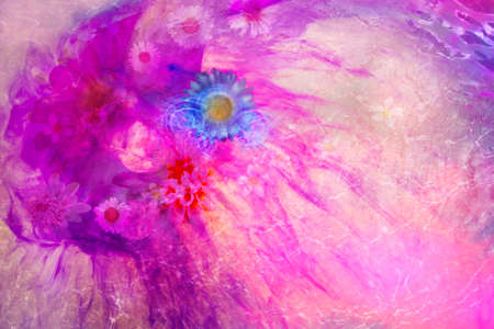 Daisy flowers in liquified ink with layered water and flower texturesの写真素材