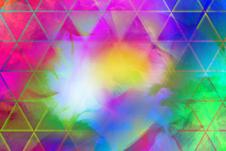 Colorful, photographed feathers with a glowing triangle grid in with a smooth shining