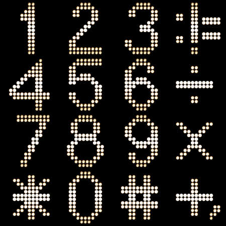 led numbers set, each lamp photographed with various exposures to achieve many grades of detail for the shining center effect, isolated on blackの写真素材