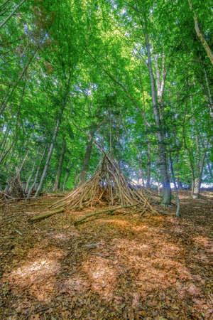 Forest tent made out of branches, near Ebersberg, South Germanyの写真素材