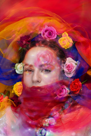 A holographic rose appears magically over a fantasy portrait, surrounded by colorful roses and veils and translucent projections of roses in them and also inside the necklace.の写真素材