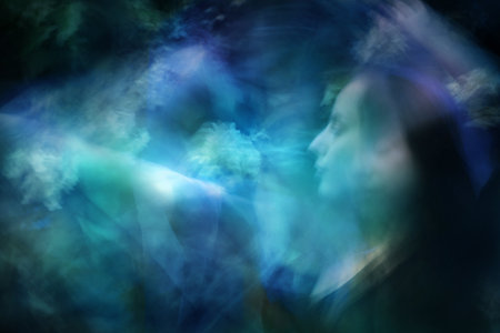 Fragmented veil movements are showing a female, with closed and open eyes, in light and shadow...