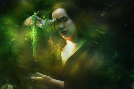 A female foreseeker is holding a feather with a green chain of pearls. The spiritual scene has an overlay of atmospheric textures, which are similar to the wavy pattern of the feather.の写真素材