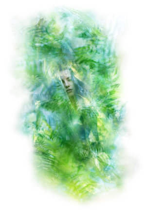 A natural woman is holding a green veil, against a bright background with layered textures of various fern specimen in it.の写真素材