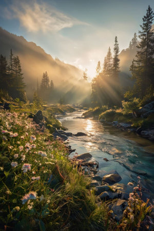 Mountain river with green grass and flowers at sunset. Beautiful summer landscapeの素材