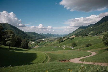 Landscape of green hills and blue sky with white clouds in summerの素材