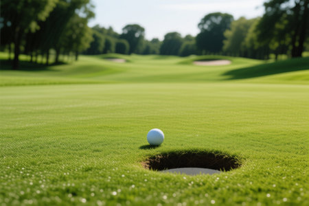 golf ball on green grass with hole in background, shallow dofの素材